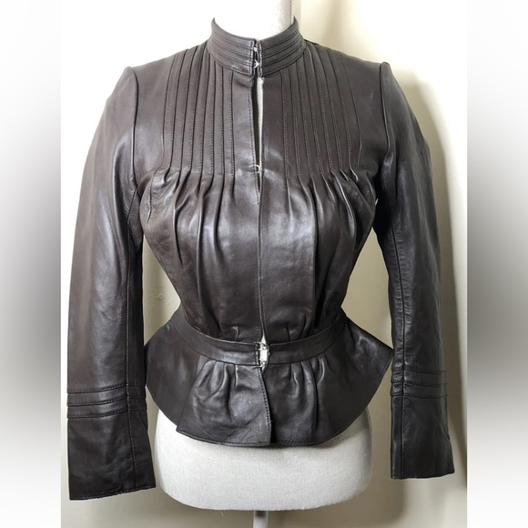 AllSaints XS 6 8 Fitted Leather Jacket Peplum Steampunk Victoriana Brown Whitby - Picture 2 of 9
